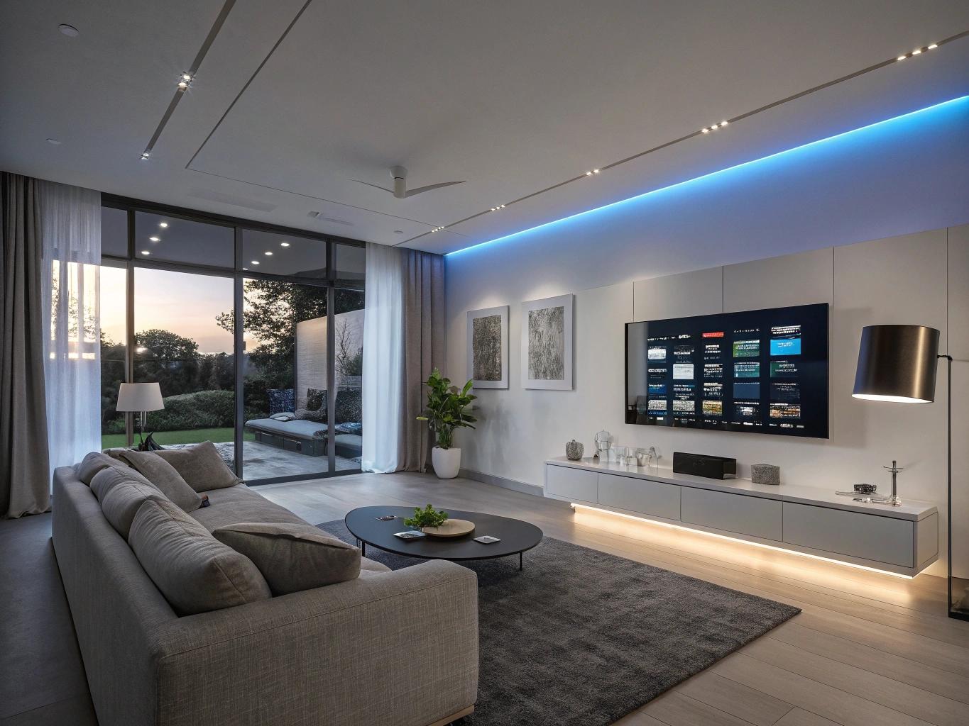 Sala contemporânea com iluminação indireta e vista para o jardim